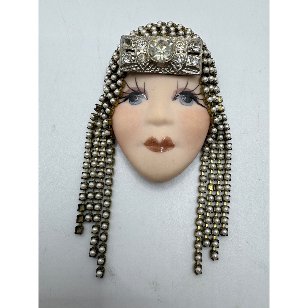 Vintage Porcelain Flapper Girl Face Brooch Faux Pearl Rhinestone Fringe Pin